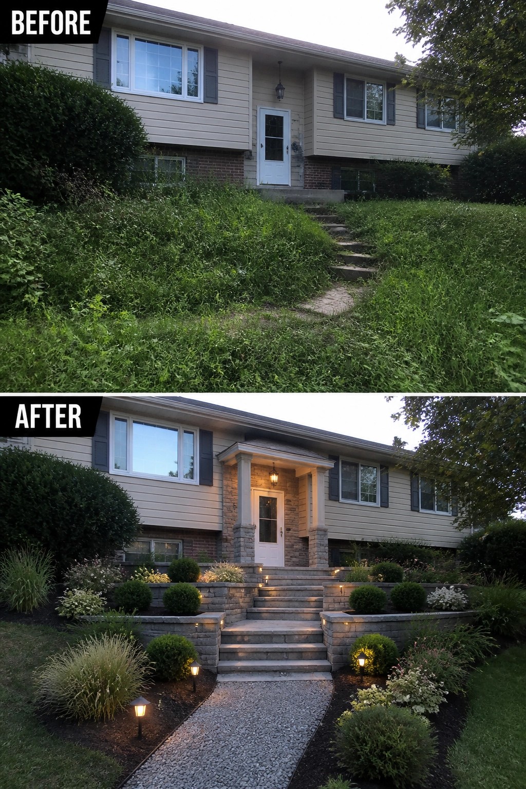 Before-and-after image of a bi-level home where an overgrown front slope was cleared and replaced with stone steps, terraced retaining walls, a small covered porch, plantings, and pathway lighting.