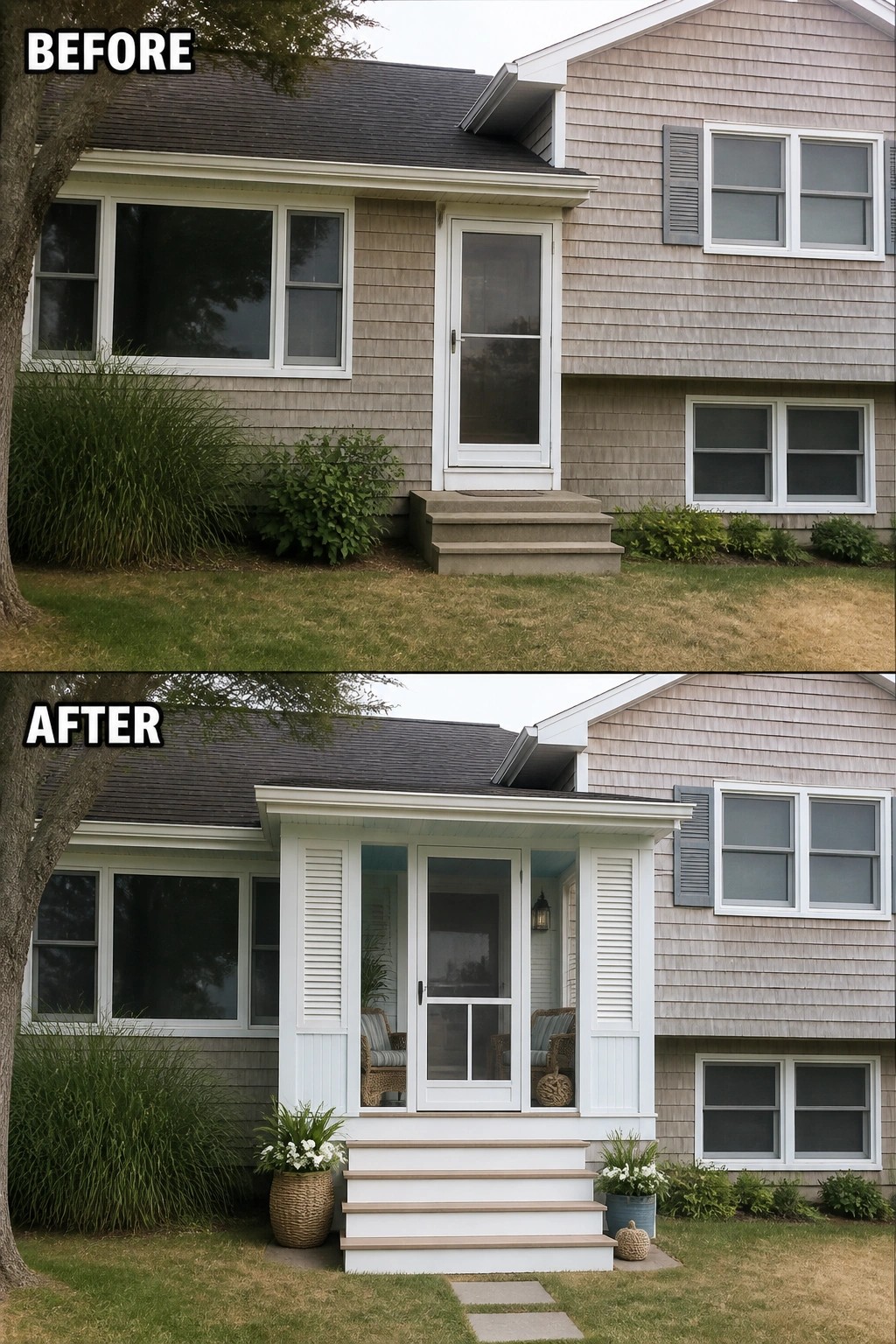 Before-and-after image of a plain front entry updated with a small covered porch, new steps, columns, seating, and planters.