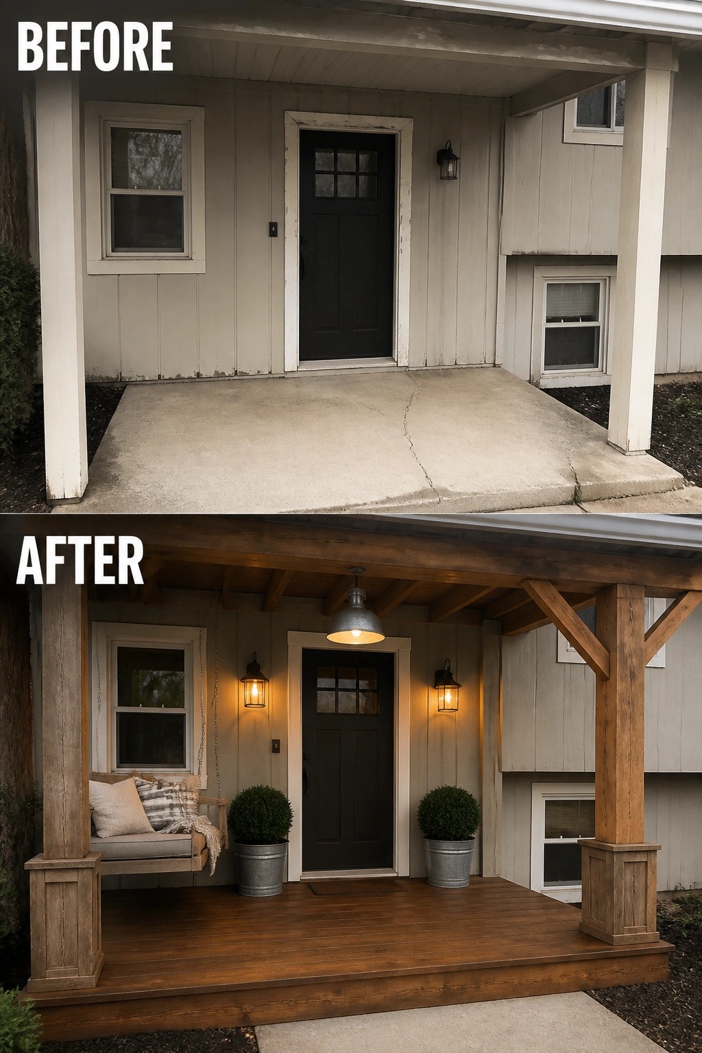 Before-and-after image of a plain concrete front entrance updated with a raised wooden porch, posts, wall lanterns, potted shrubs, and seating.