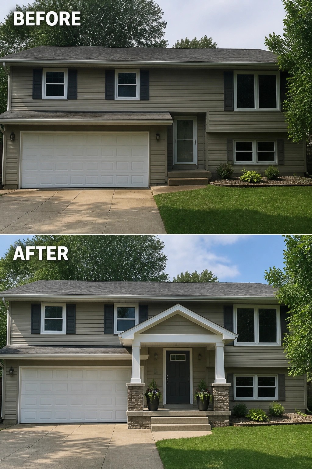 Before-and-after image of a bi-level house where a plain recessed entry was updated with a covered front porch featuring a gabled roof, columns on stone piers, and decorative planters.