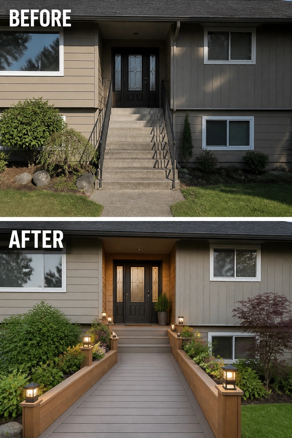 Before-and-after image of a split-level home where plain concrete steps were replaced by a framed decked walkway with raised planter rails and post lanterns leading to the front door.