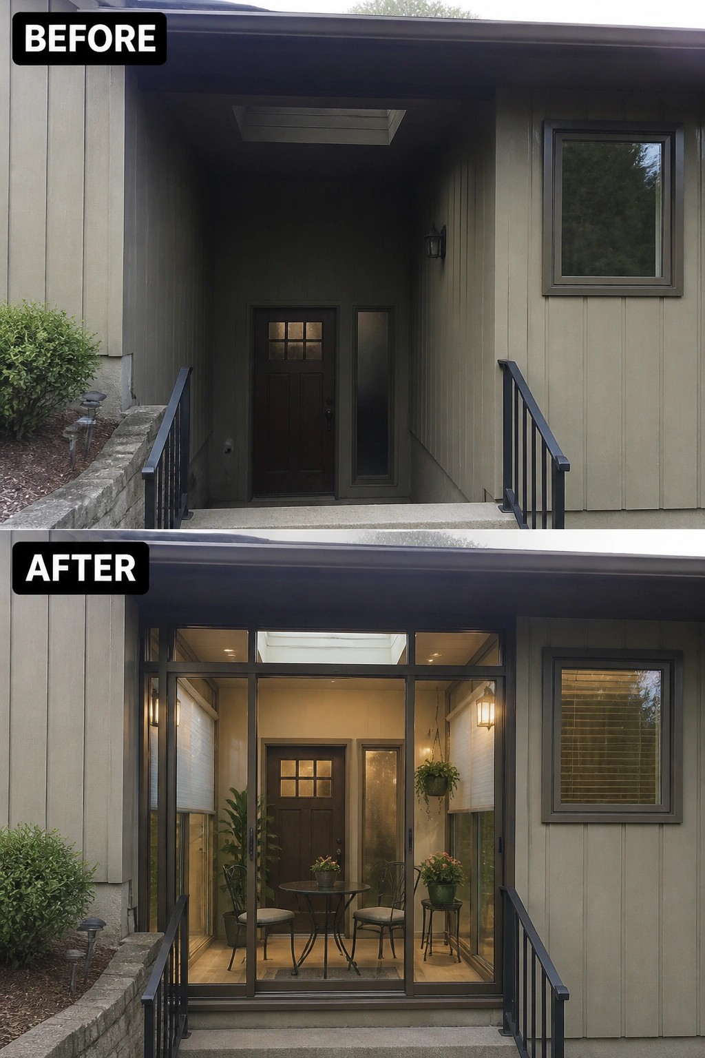 Before-and-after image of a recessed front entry enclosed with glass to create a small furnished porch.