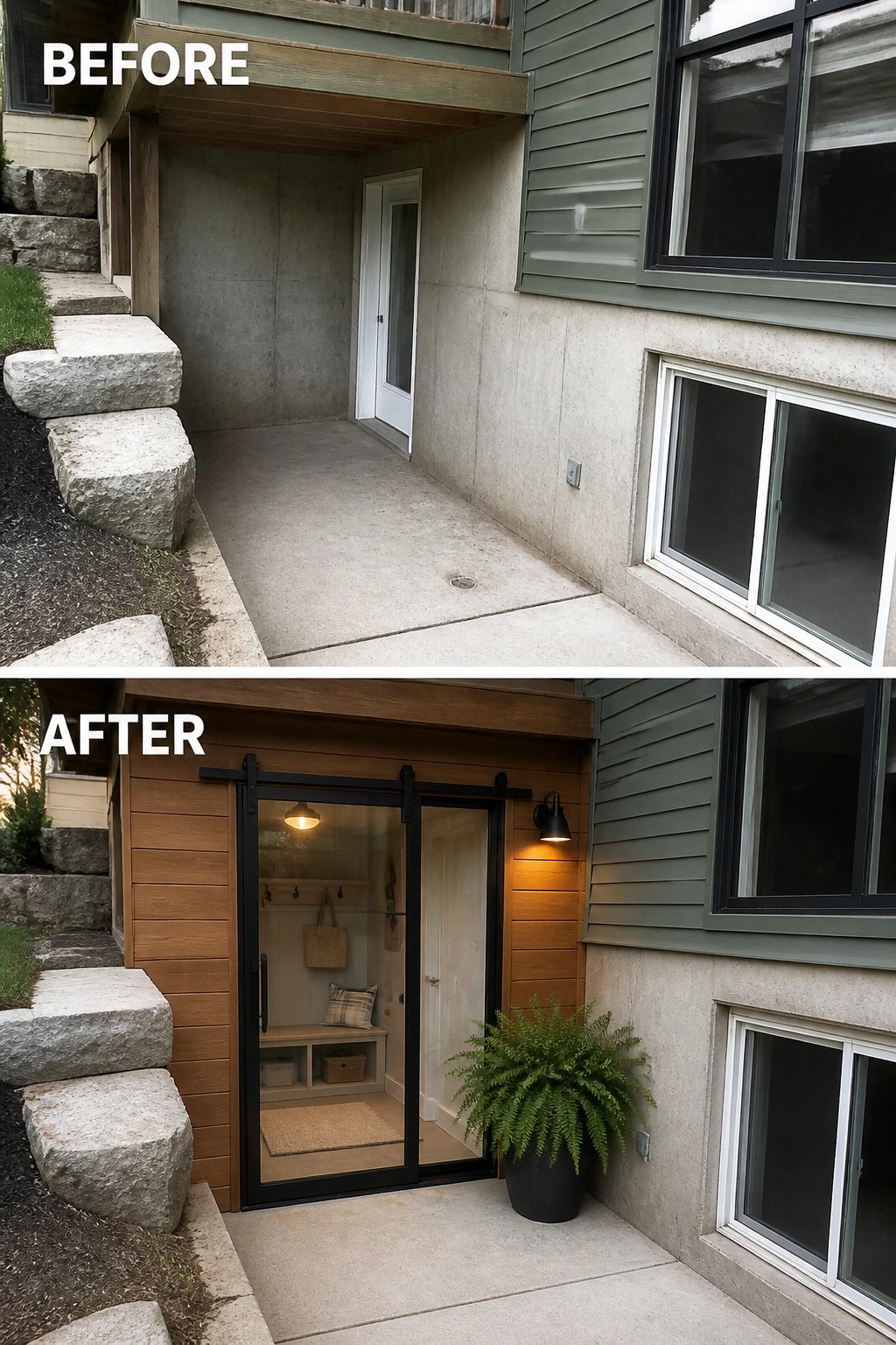 Before-and-after image of a plain concrete lower-level entry converted into a finished enclosed entry with wood siding, a black-framed sliding glass door, exterior light, and a potted plant.