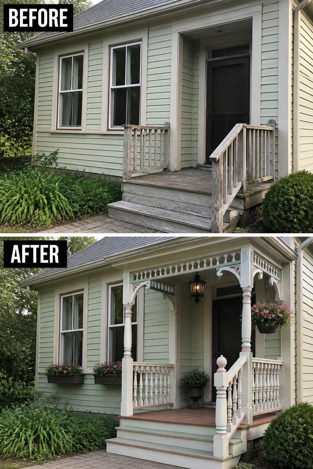 Before-and-after image of a plain front stoop updated with a small covered porch featuring turned posts, decorative railings, a lantern, and flower boxes.
