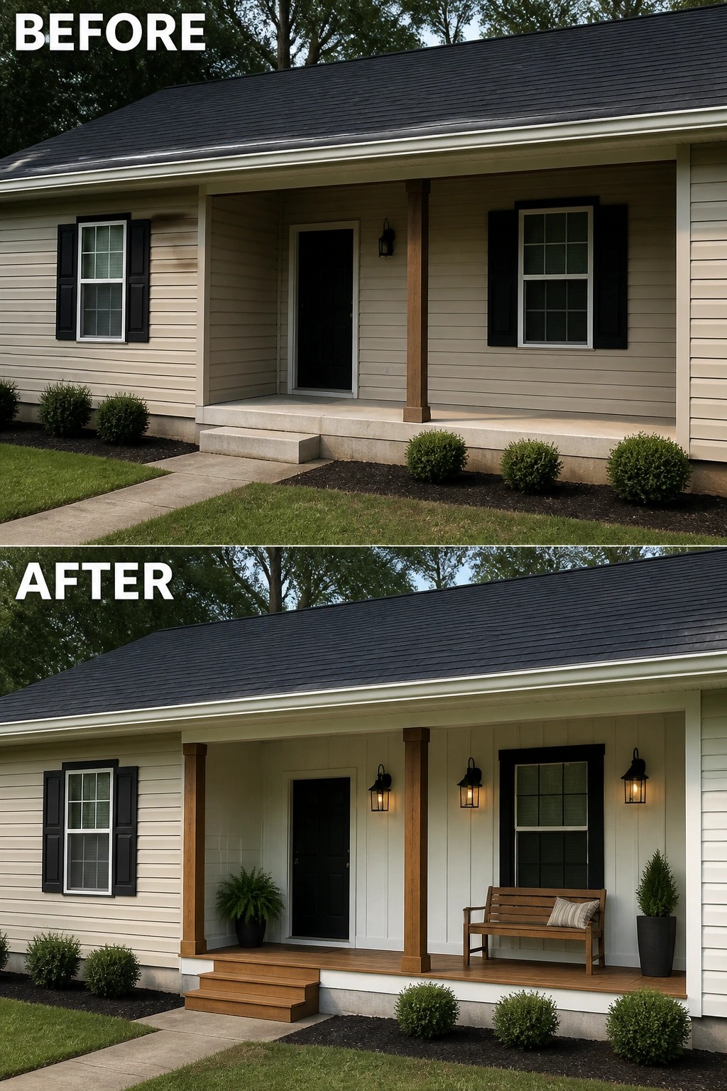 Before-and-after image of a plain front entry upgraded with a small wood porch and steps, added seating, lighting, and planters.