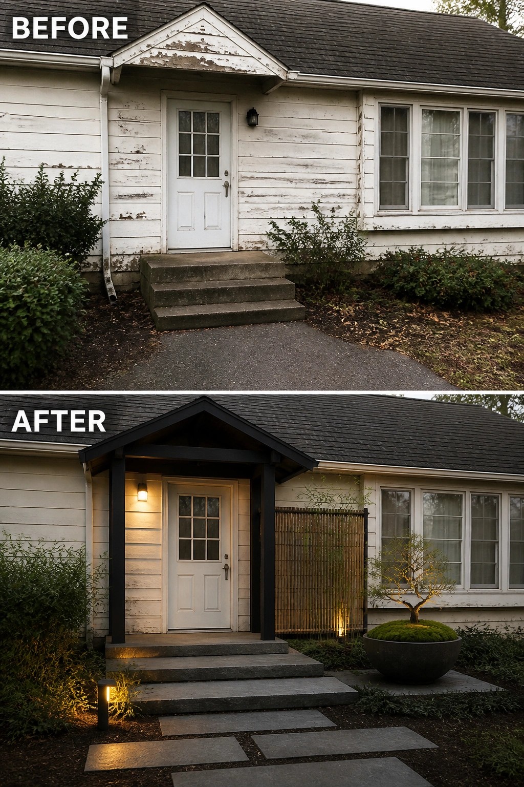 Before-and-after image of a plain front stoop updated with a small covered portico, stepped pavers, low pathway lighting, and a large planter.