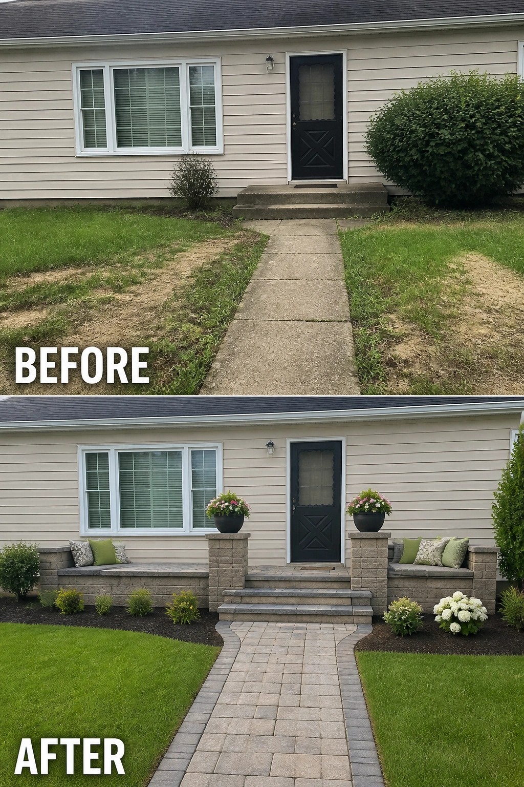 Before-and-after image of a plain front entry updated with paved steps, low masonry bench walls, and planters to create a usable porch.