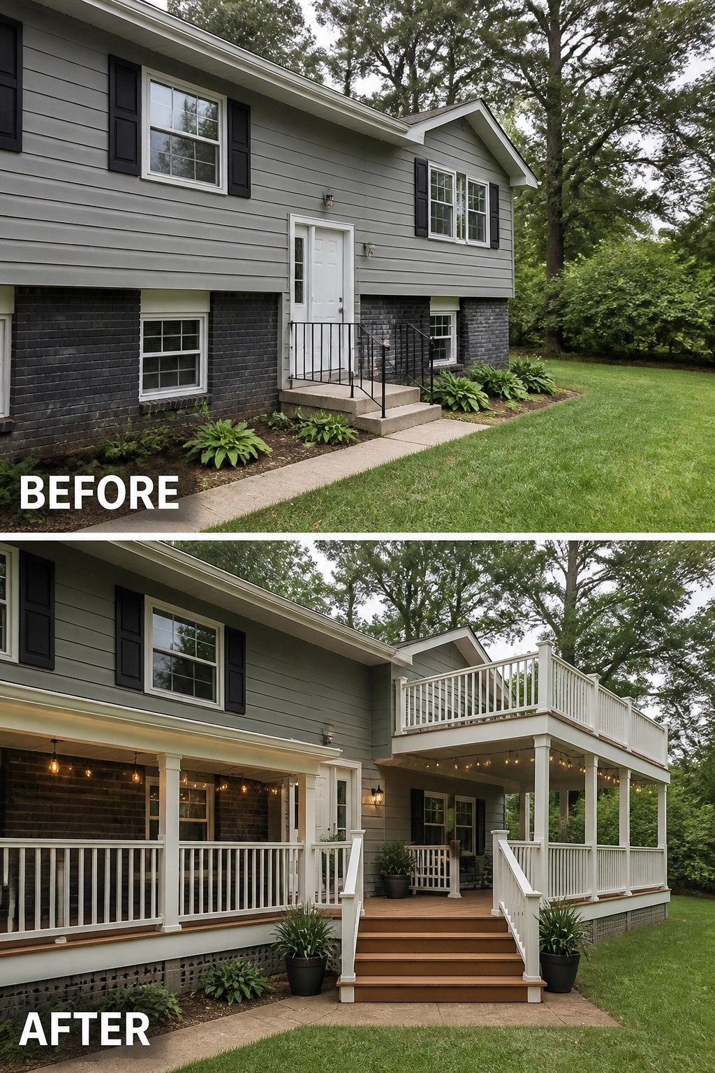 Before-and-after image of a bi-level home's plain side entry replaced by a covered porch with stairs and an upper deck with railings.