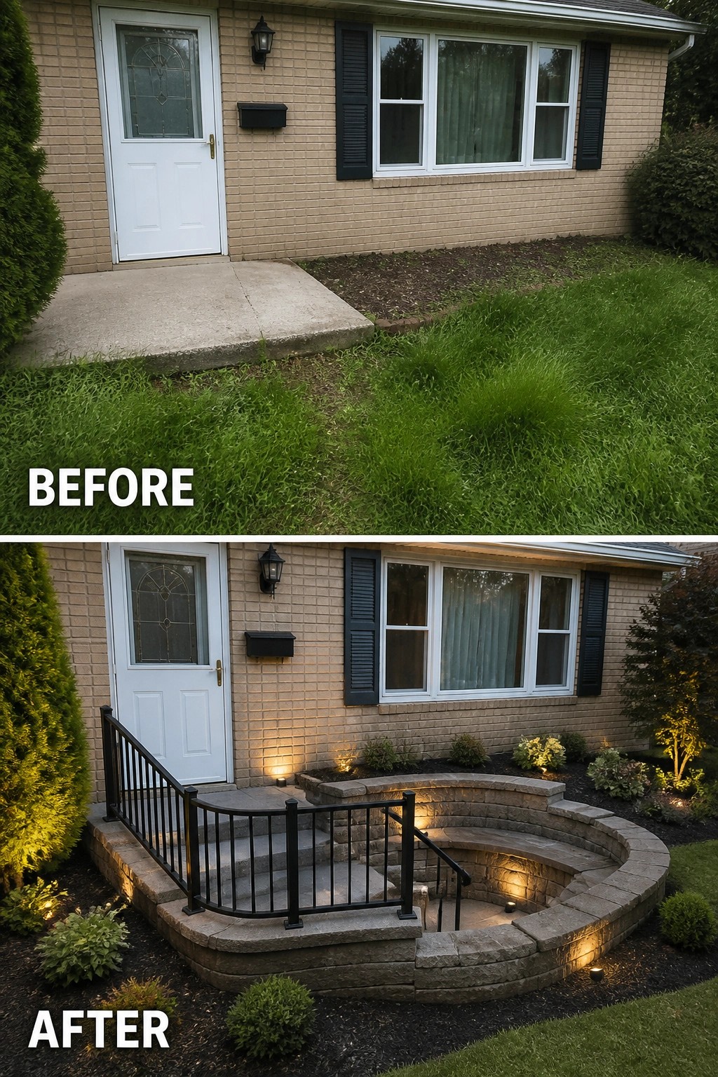 Before-and-after image of a bare concrete entry slab replaced by a curved sunken stone porch with steps, a black railing, planted borders, and low landscape lighting.
