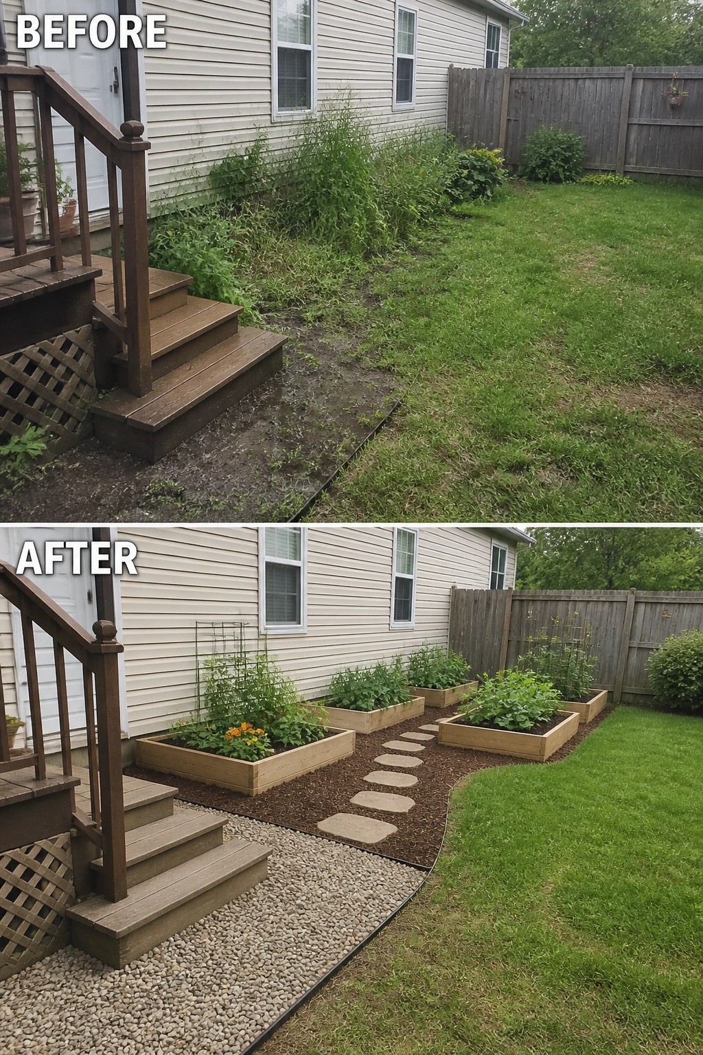 Before-and-after image of an overgrown backyard strip converted into organized raised garden beds with mulch paths, stepping stones, and a gravel edge.