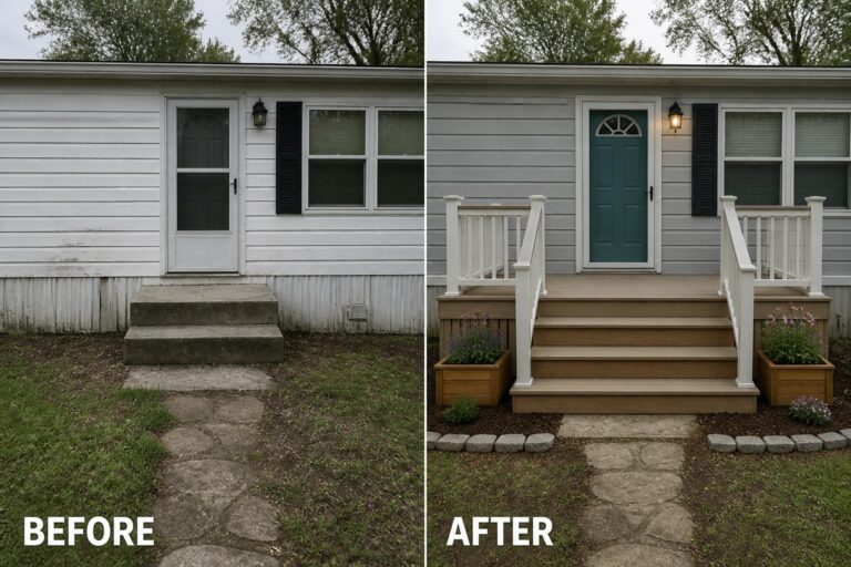 20 Creative Double Wide Exterior Remodel Ideas With Decks and Landscaping Before-and-after image of a plain mobile home entry upgraded with a small raised deck and railings, a painted front door, and planted borders.