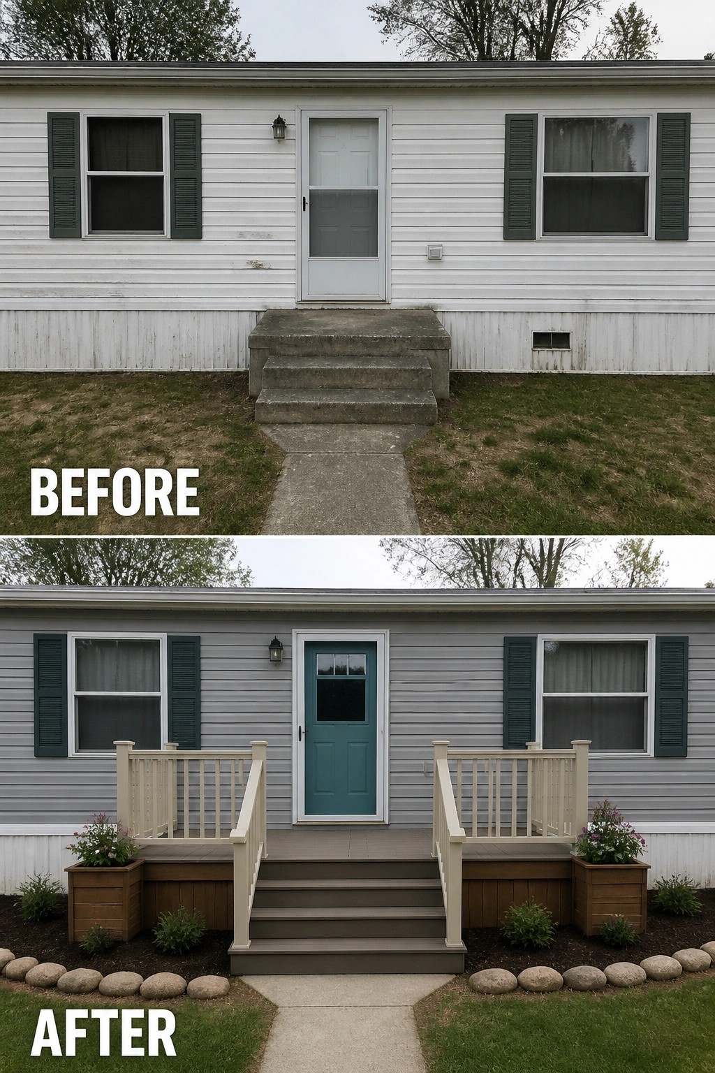 Before-and-after image of a plain mobile home entry upgraded with a small raised deck and railings, a painted front door, and planted borders.
