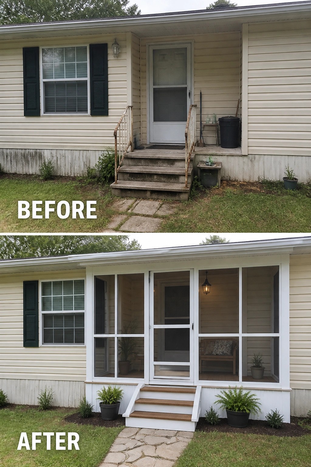 Before-and-after image of a plain front entry converted into a small screened porch with new steps, white trim, a hanging light, and planters.