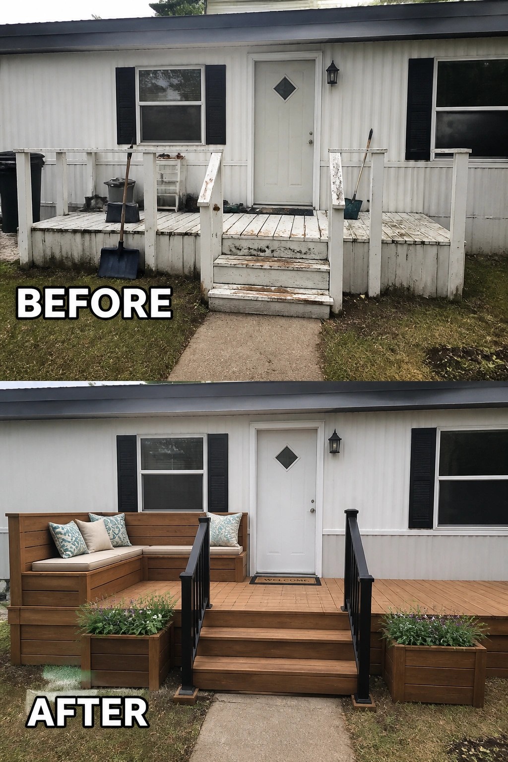 Before-and-after image of a small, weathered front porch updated with a new wood deck, built-in L-shaped bench, black railings, and planter boxes.