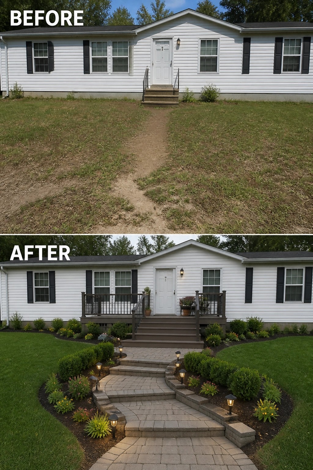 Before-and-after image of a plain front yard and dirt path updated with a raised entry deck, stepped stone paver walkway, planted borders, and pathway lighting.