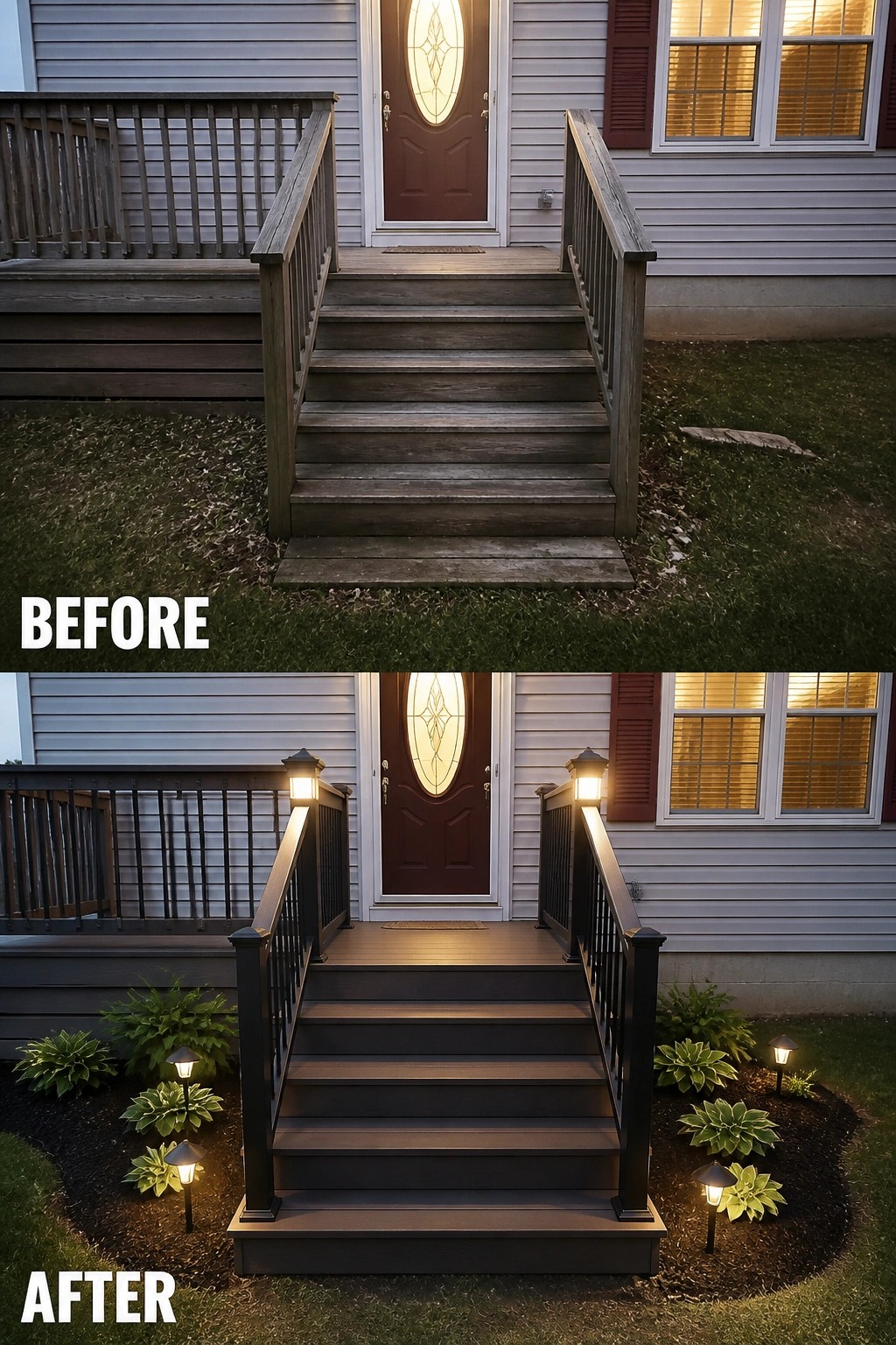 Before-and-after image of a front porch showing worn wooden stairs updated with new railings and posts, planted mulch beds, and low landscape lighting.