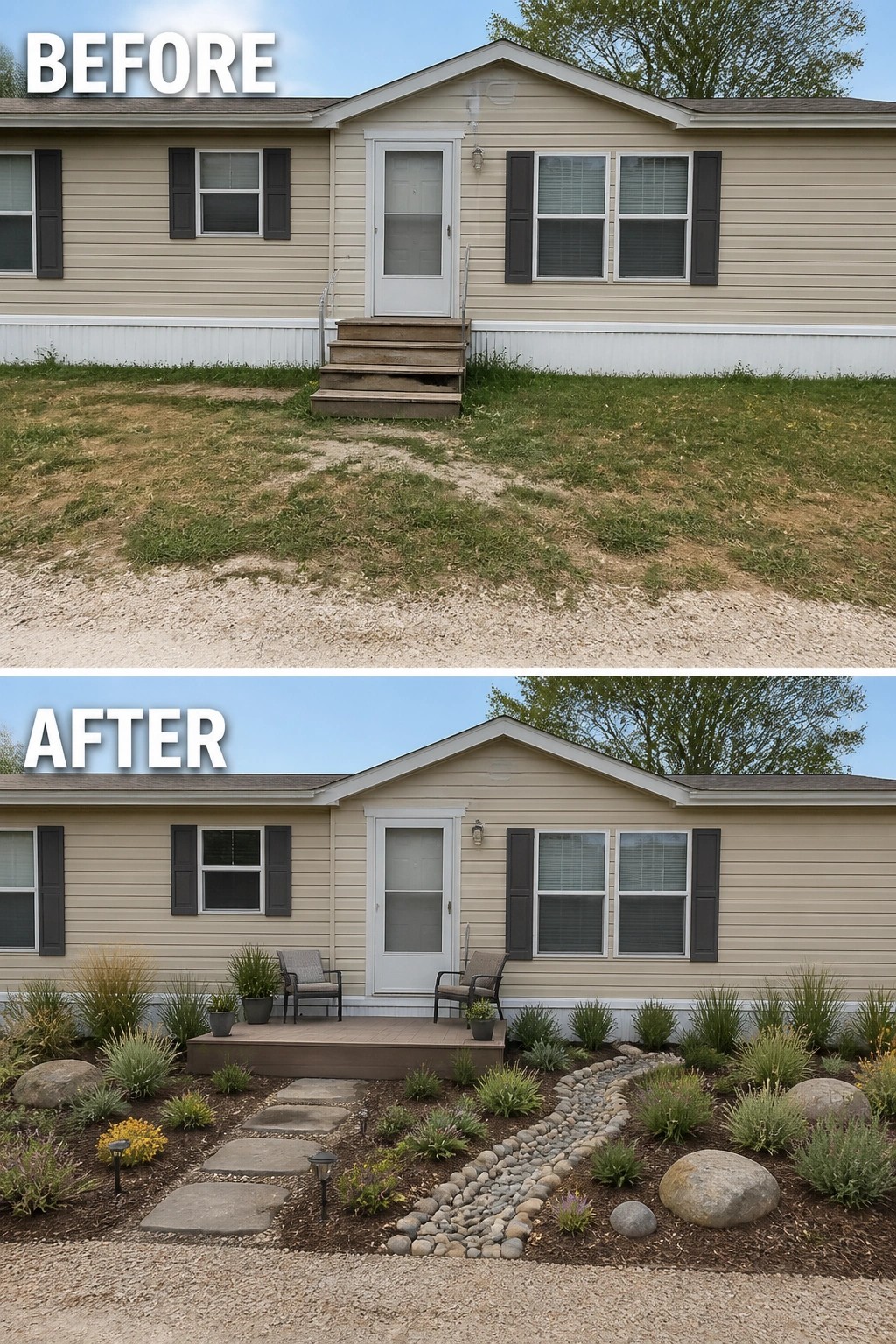 Before-and-after image of a mobile home front where bare steps and patchy grass are replaced by a small decked entry with seating, planted garden beds, and a stone path.