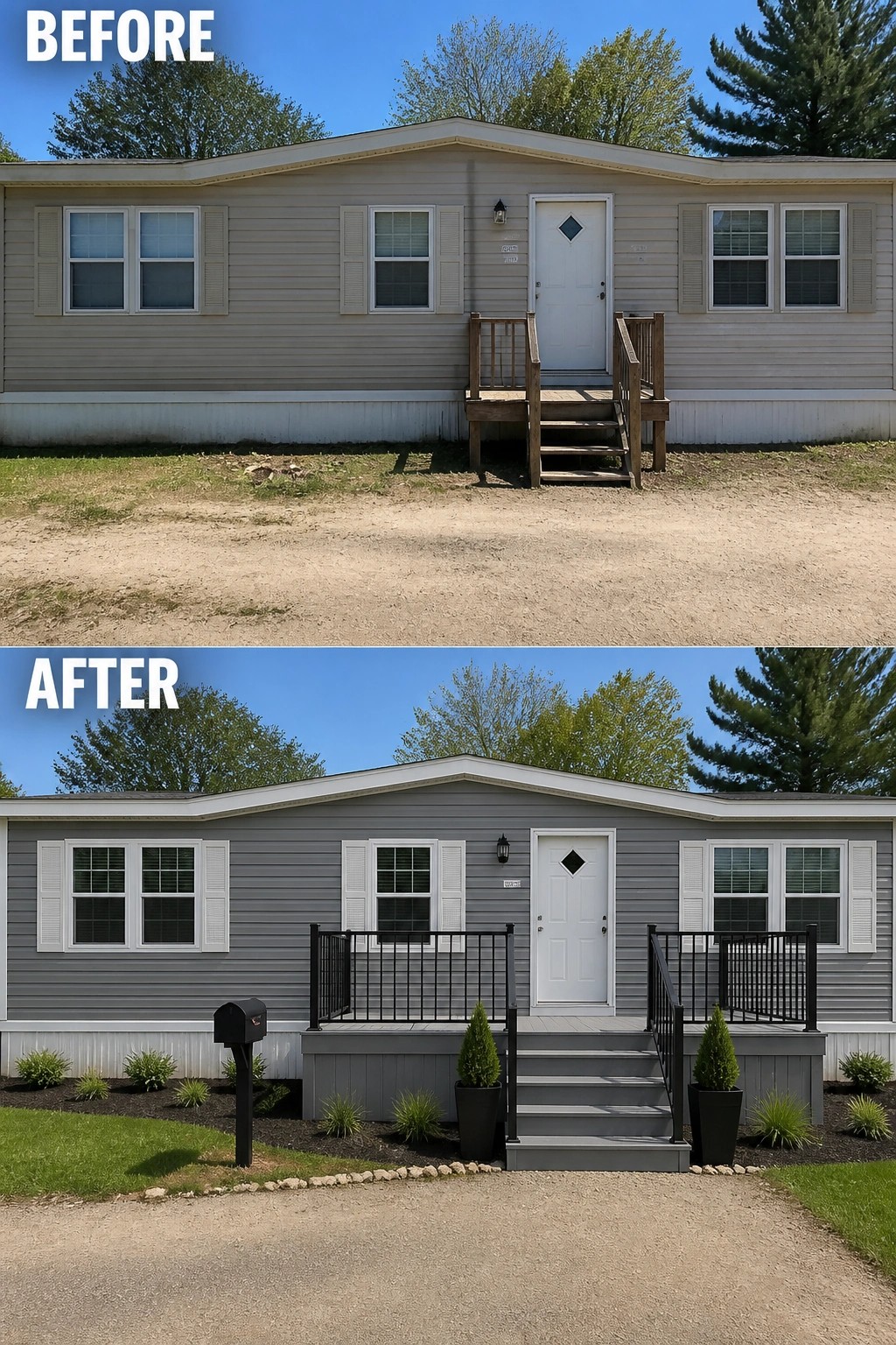 Before-and-after image of a double-wide home where a small worn step entry is replaced by a painted front deck with railings, potted planters, and planted garden beds.