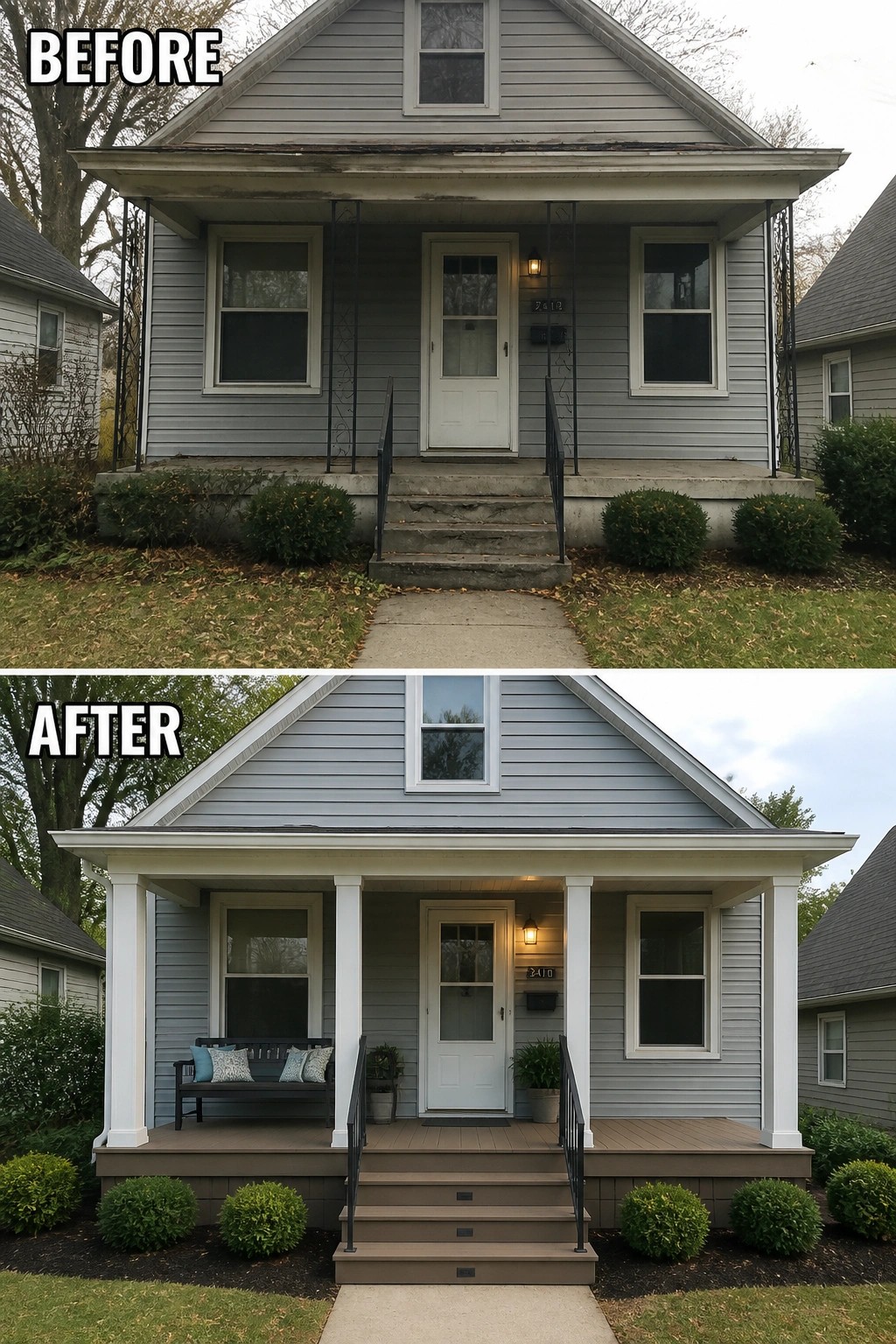 Before-and-after image of a small front porch updated from a bare concrete step to a finished deck with columns, steps, seating, and planted borders.