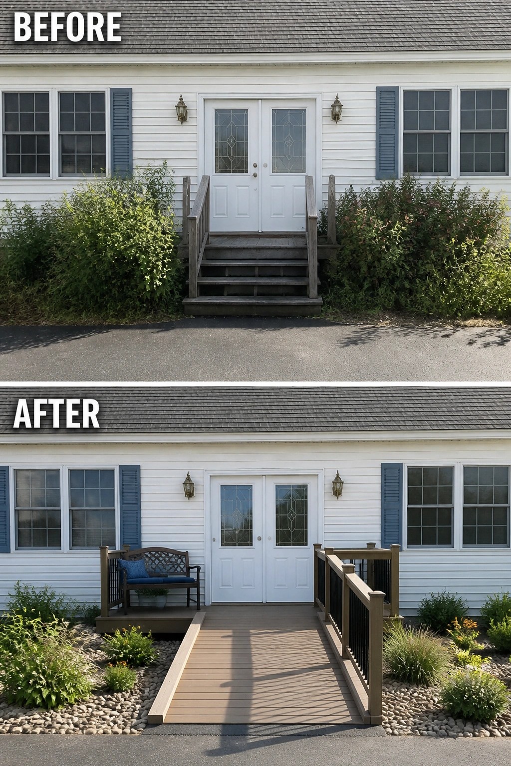 Before-and-after image of a front entrance where narrow wooden steps and overgrown shrubs are replaced by a level deck ramp with railings, a bench, and neat rock planting beds.