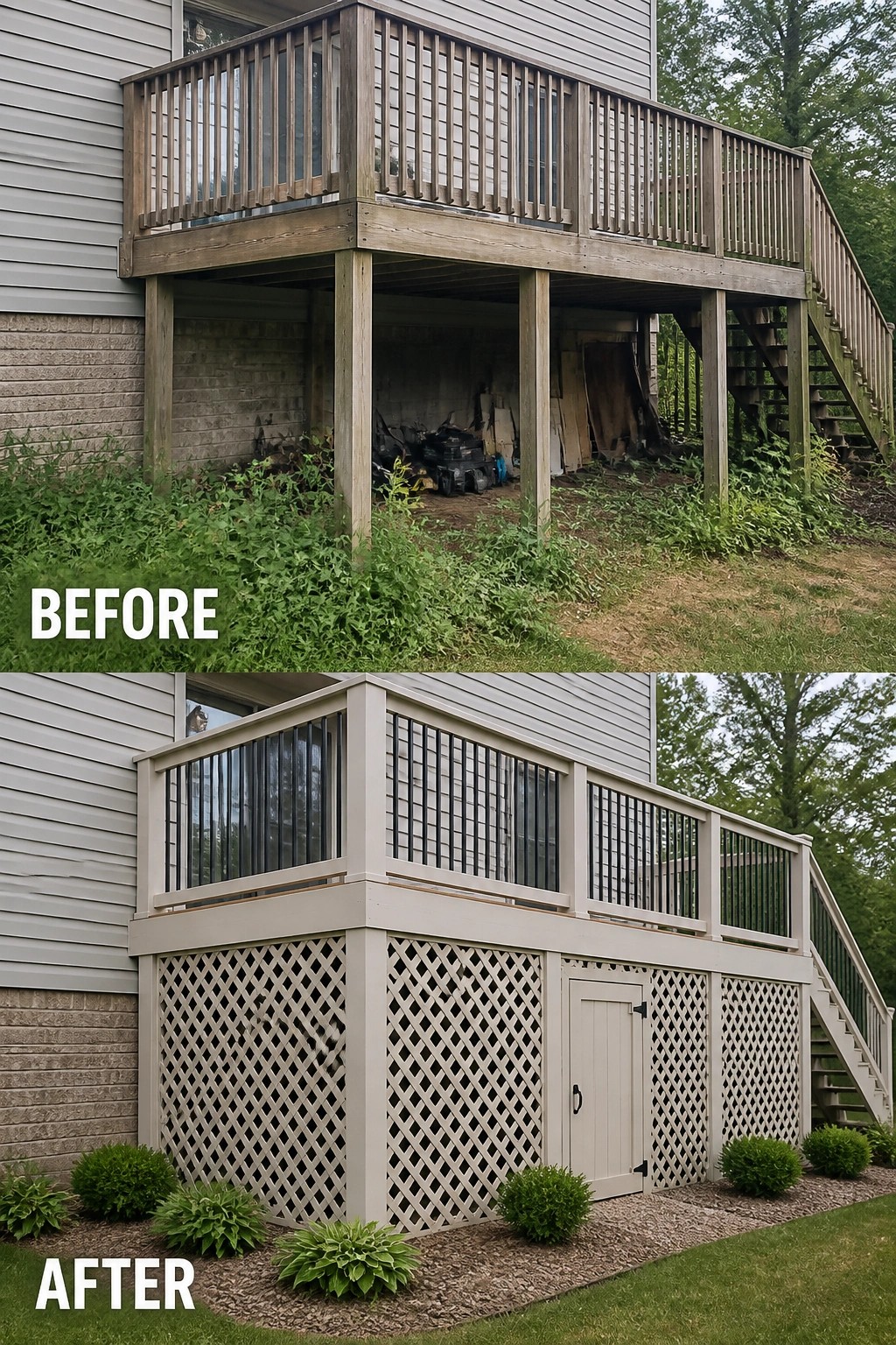Before-and-after image of an open raised deck enclosed with painted lattice panels and a small access door and bordered by planted mulch beds.