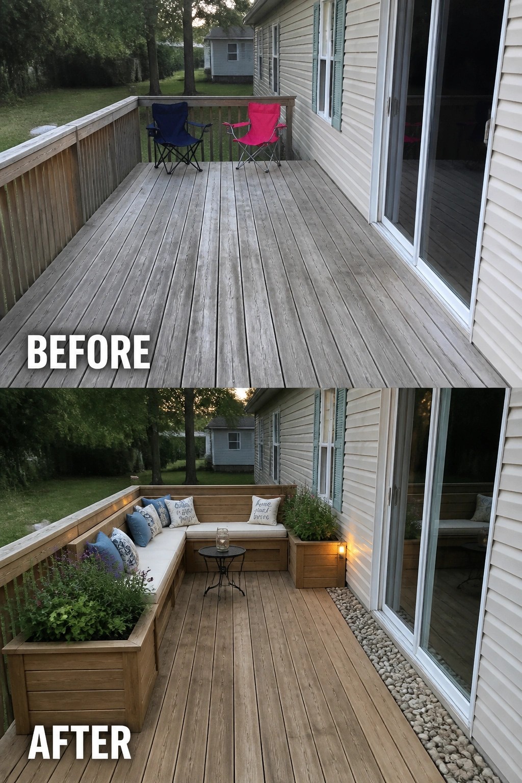 Before-and-after image of a plain deck updated with an L-shaped built-in bench, wooden planter boxes, cushions, and small outdoor lighting.