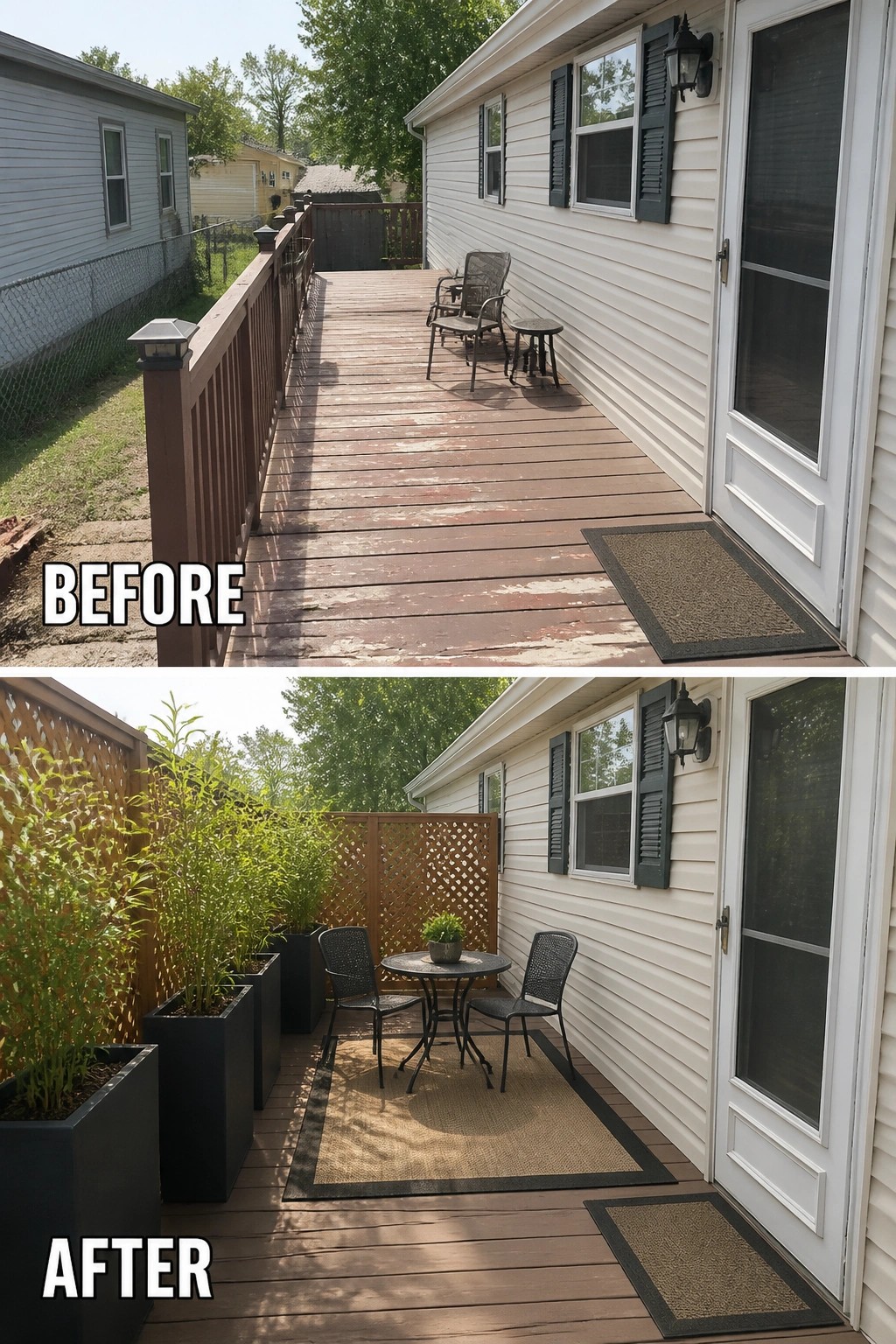 Before-and-after image of a narrow deck turned from a worn empty walkway into a defined seating area with tall planters, a lattice privacy screen, a rug, and a small bistro table.