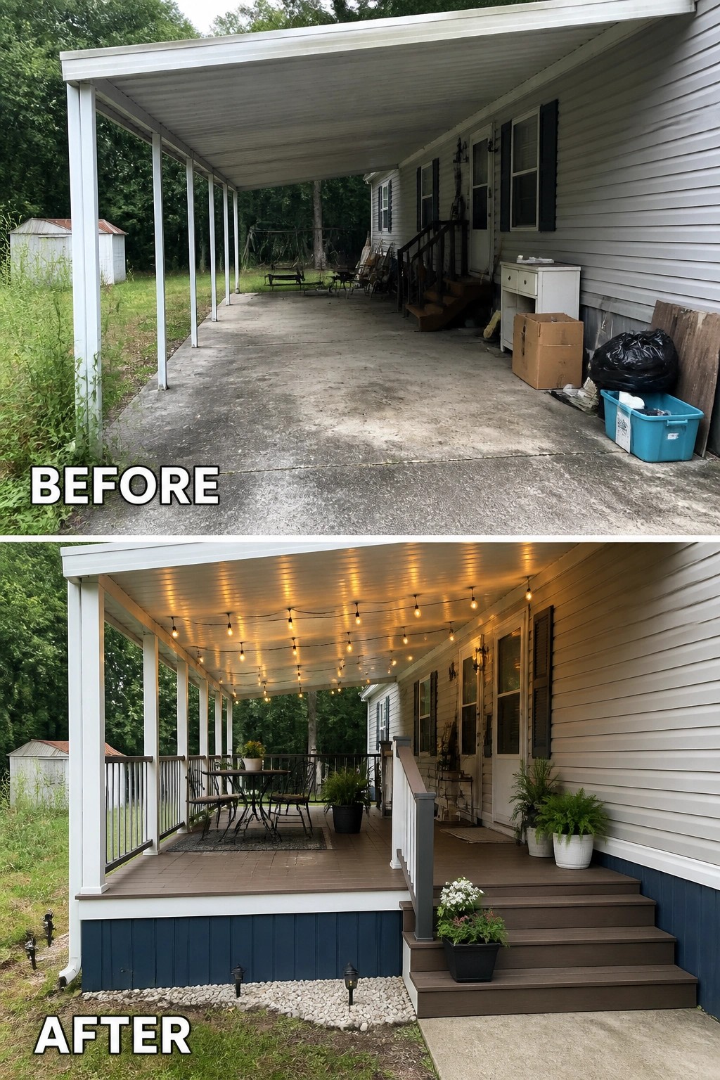 Before-and-after image of a bare concrete carport converted into a finished covered porch with decking, railings, string lights, furniture, and planters.