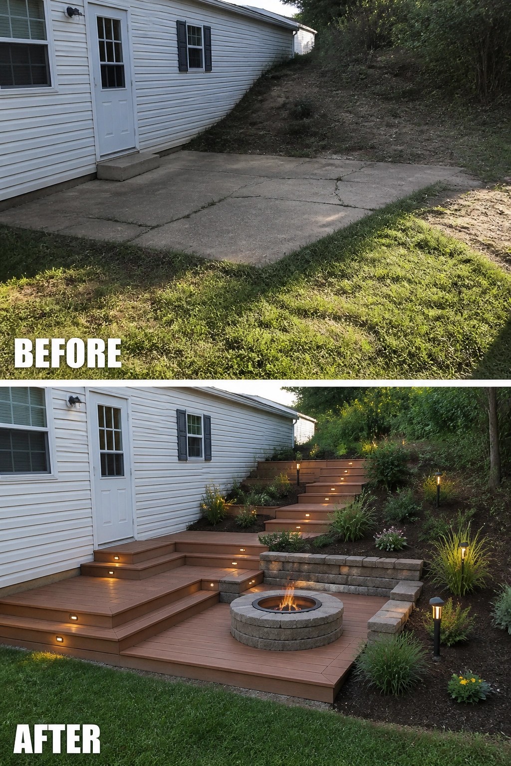 Before-and-after image of a plain concrete patio changed into a multi-level deck with built-in steps, a circular fire pit, retaining walls, and landscaping.