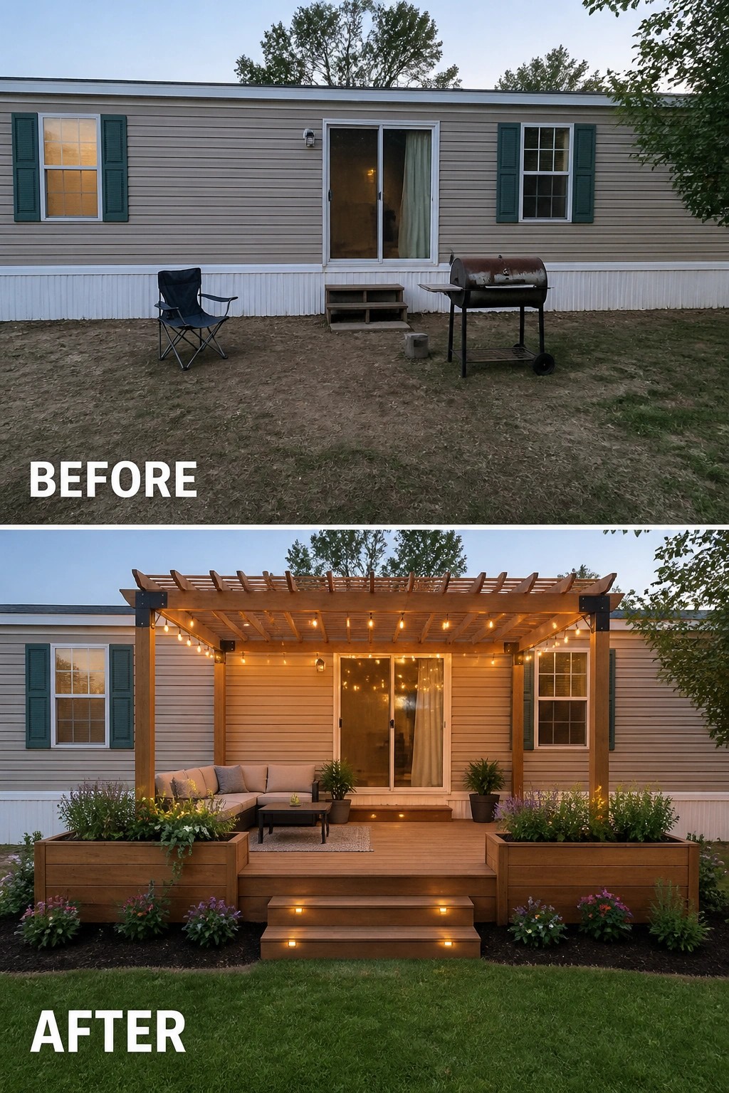 Before-and-after image of a bare yard in front of a double-wide mobile home converted into a wooden deck with a pergola, seating, planters, and string lights.