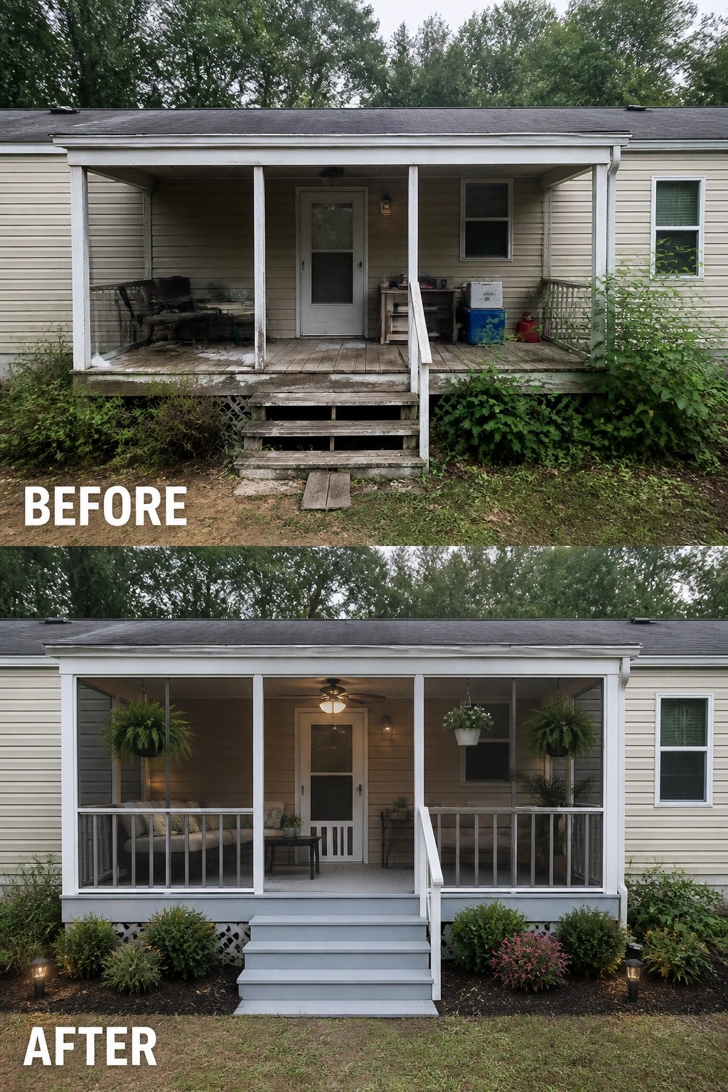 Before-and-after image of a worn, overgrown front porch renovated into a painted, screened porch with new stairs, seating, hanging plants, and planted beds.