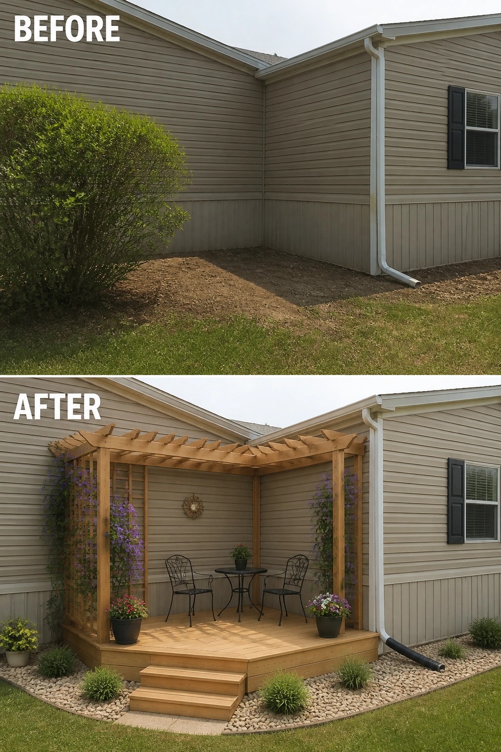 Before-and-after image of a blank corner beside a modular home converted into a small raised deck with a wooden pergola, seating, potted plants, and rock edging.