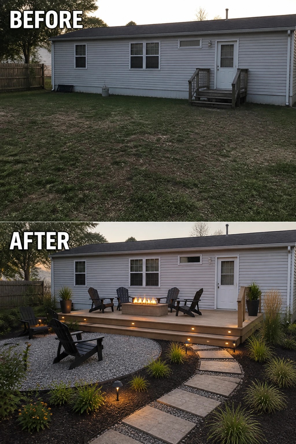Before-and-after image of a bare backyard converted into a raised deck with a fire pit and seating, a gravel circular seating area, stepping-stone path, and landscape lighting.