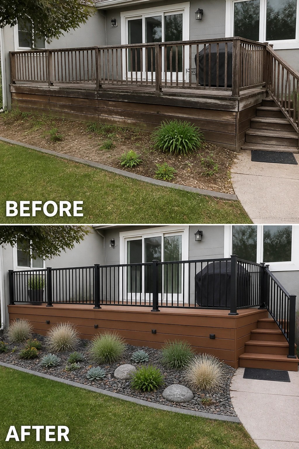 Before-and-after image of a worn wooden deck updated with composite cladding, black metal railings, and a low-maintenance gravel planting bed.