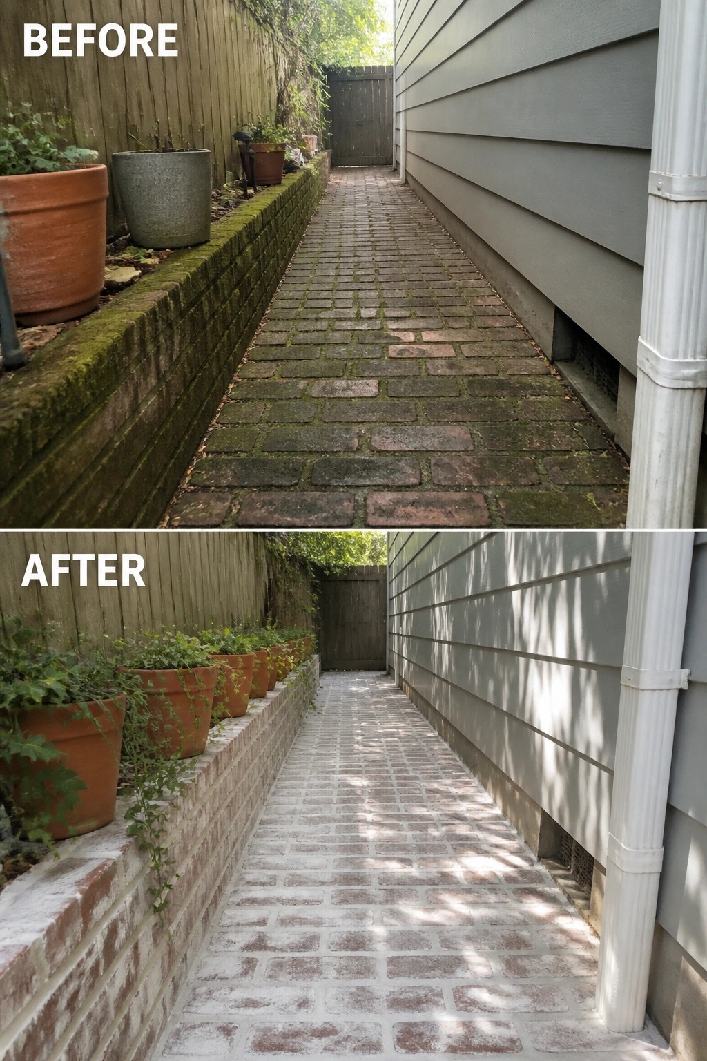 Before-and-after image of a narrow side alley where dark, mossy bricks were cleaned and given a pale whitewashed finish to brighten the walkway.