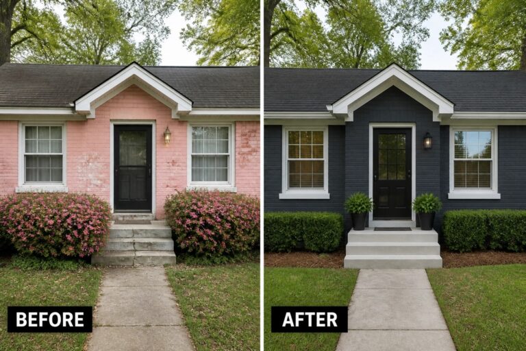 25 Creative Painted Brick Makeover Ideas for Outdated Exterior Colors Before-and-after image of a small brick house updated from faded pink to dark charcoal with white trim and added entry planters.