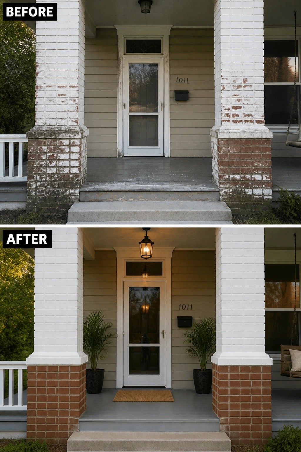 Before-and-after image of a front porch where weathered brick and a bare entry were refreshed with painted brick columns, a new light, and simple styling with potted