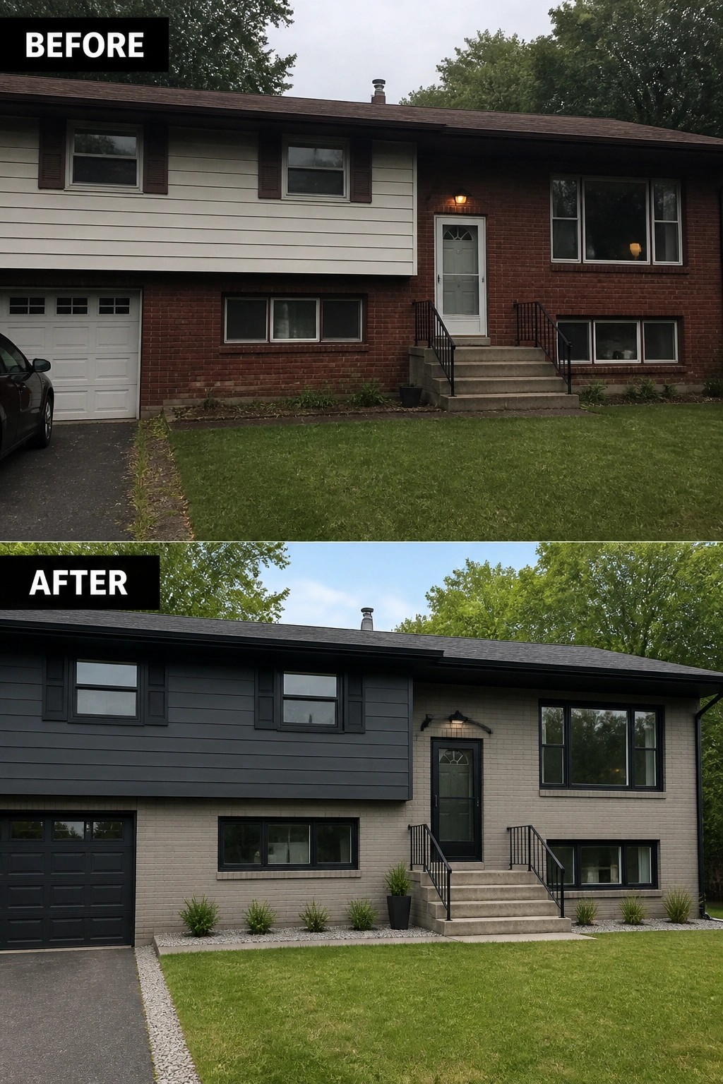 Before-and-after image of a house where red brick and light siding are repainted to light gray brick with dark charcoal upper siding and black trim.