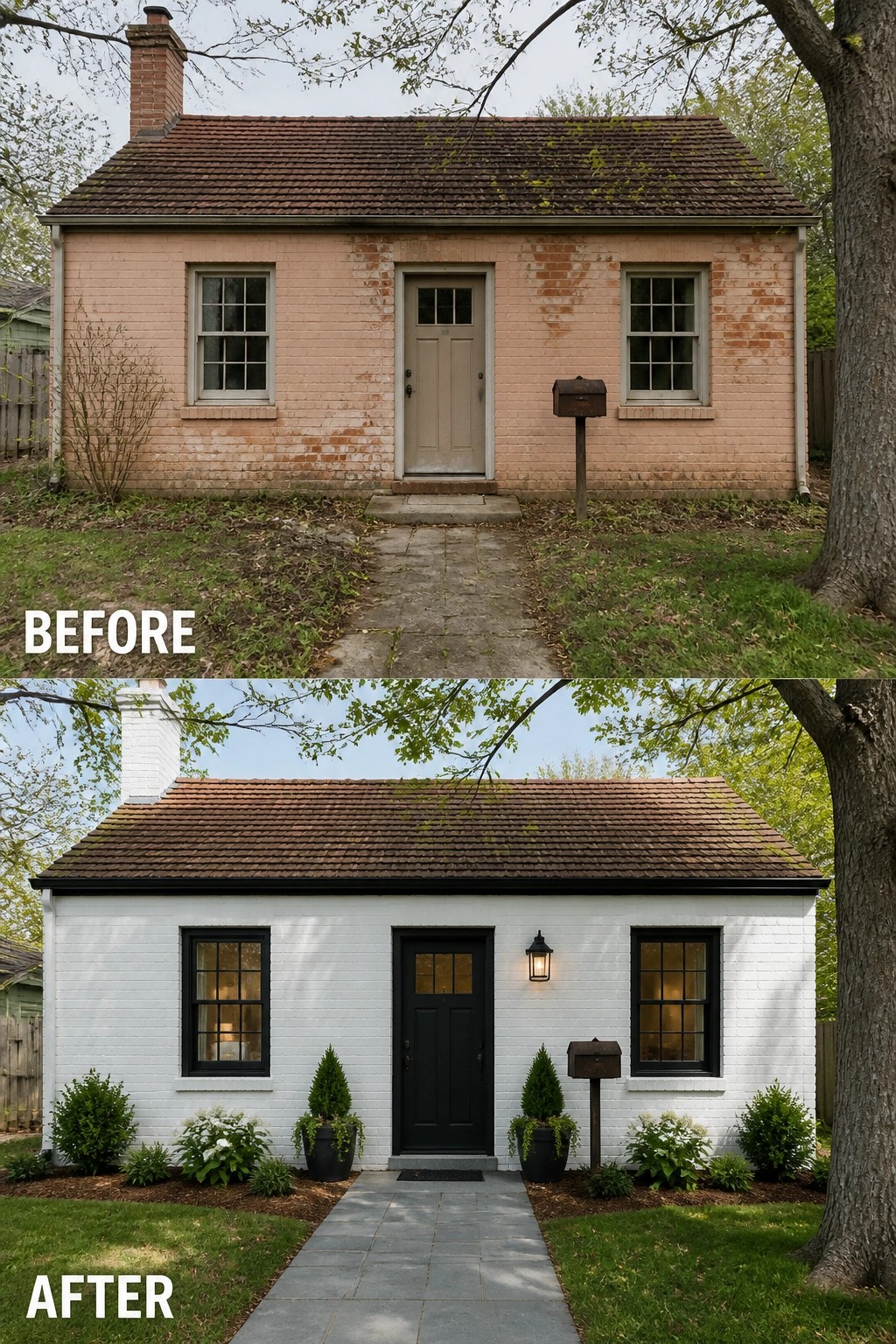 Two-panel before-and-after cottage: weathered pink brick becomes white painted, black door, mailbox, landscaping.