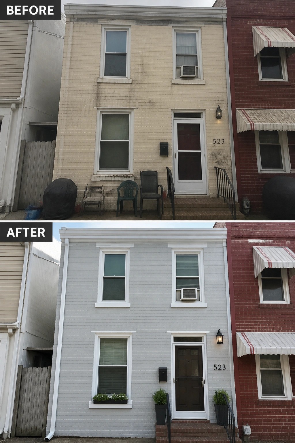 Before-and-after image of a brick rowhouse where dingy beige brick is repainted light gray with white trim and the entry is dressed with a darker door, new light, and planters.