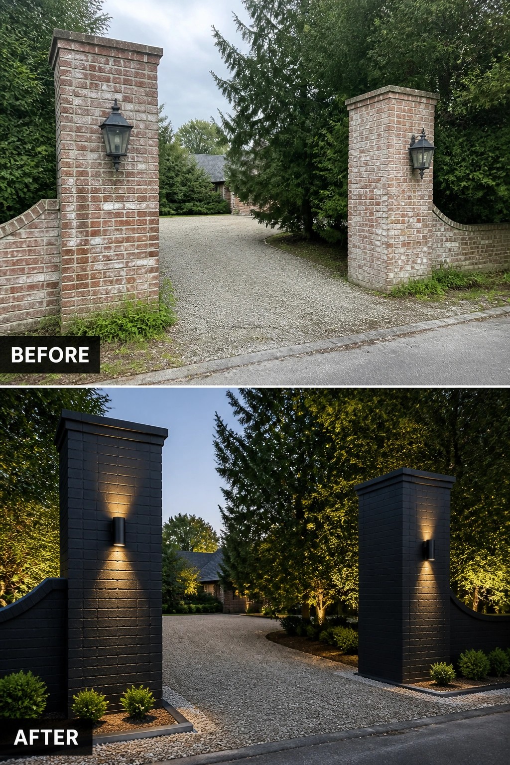 Before-and-after image of a brick driveway entry where weathered red brick columns are painted dark charcoal and fitted with modern wall sconces and low planted beds.
