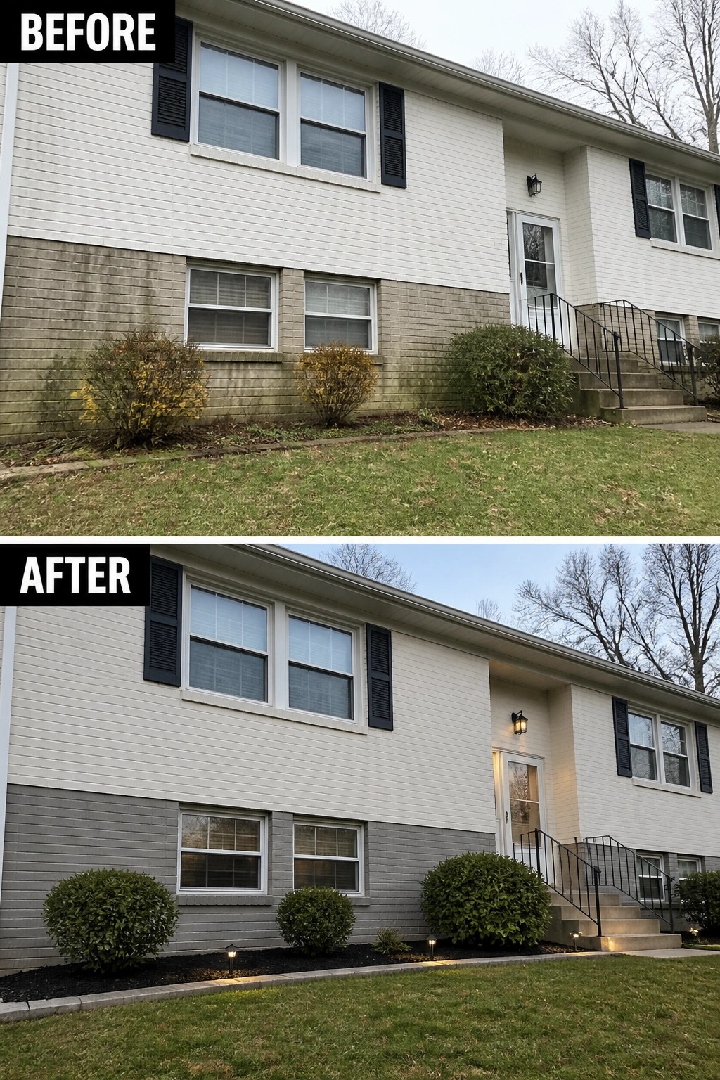 Before-and-after image of a split-level house showing stained lower brick refreshed by painting the lower brick a neutral gray while the upper brick is a clean light color.