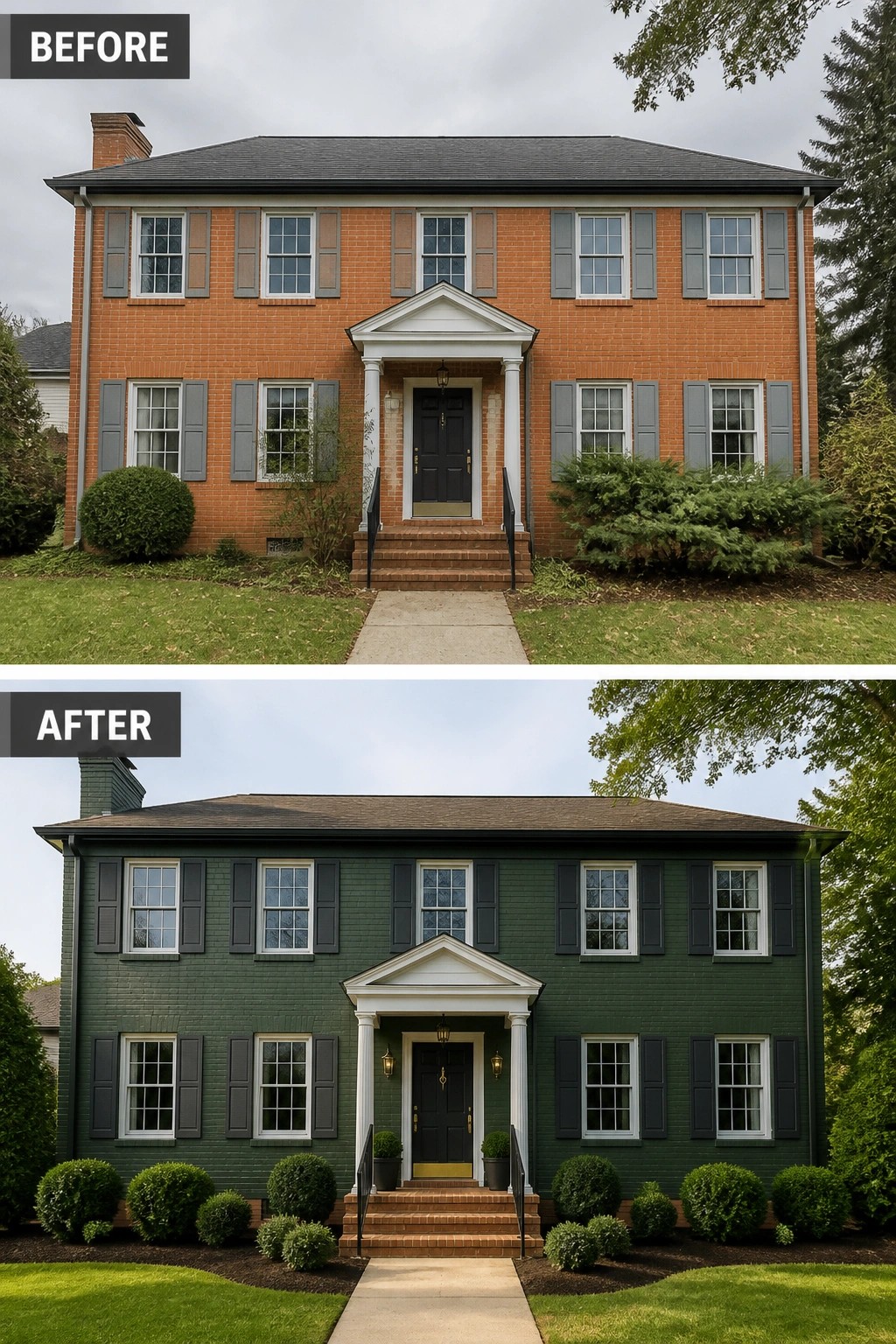 Before-and-after image of a two-story brick house showing orange brick and overgrown shrubs updated to painted dark green brick with trimmed landscaping and new entry planters.