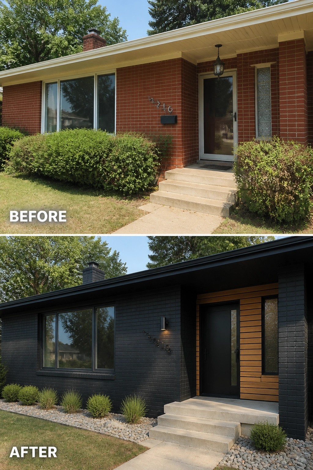 Before-and-after image of a front brick house where the red brick is painted black and a wood door surround plus a new light update the entry.