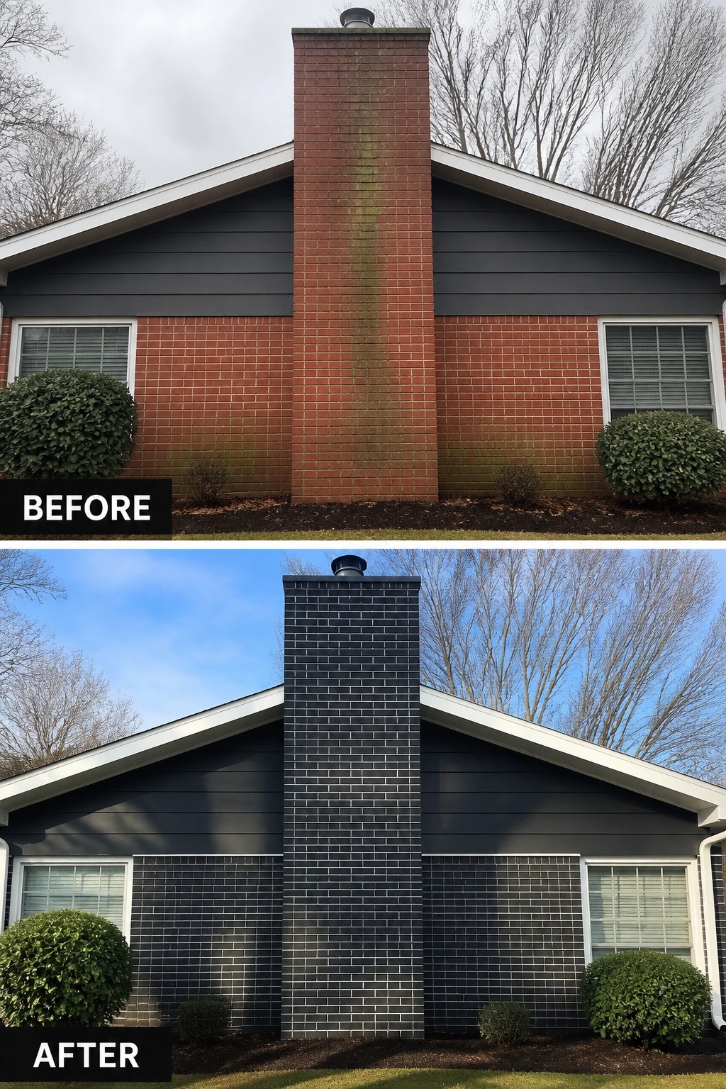 Before-and-after image of a house exterior where stained red brick and chimney are repainted a uniform dark gray, modernizing the facade.