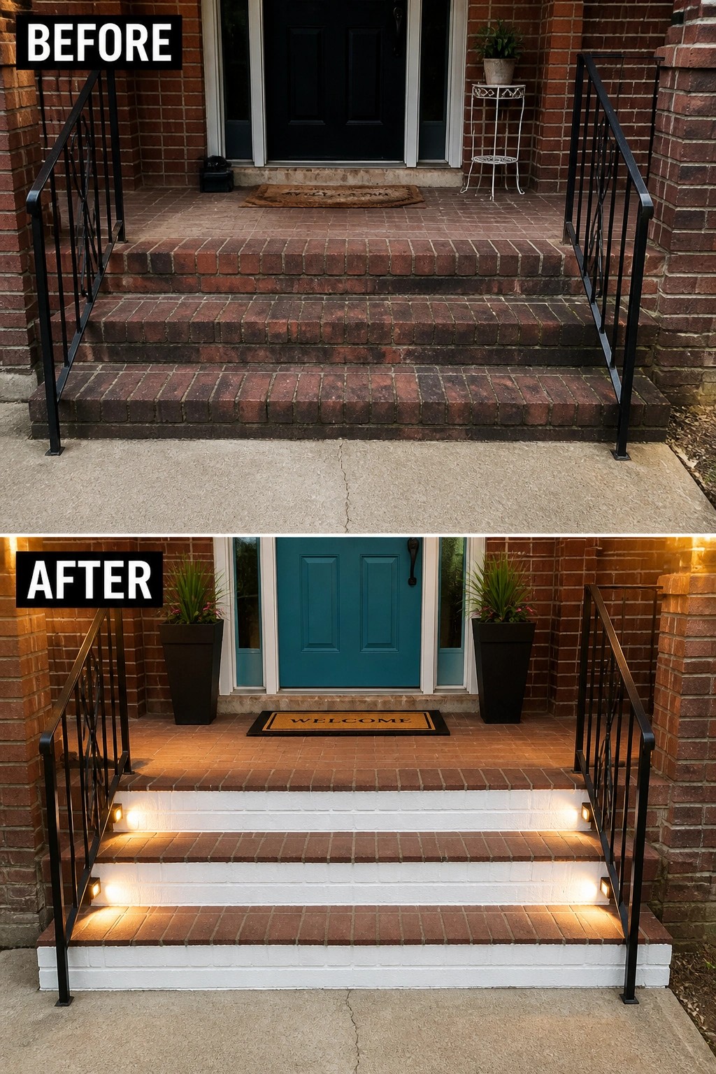 Before-and-after image of a front porch where weathered brick steps are refreshed by painting the step risers white and adding low-profile step lights and planters.