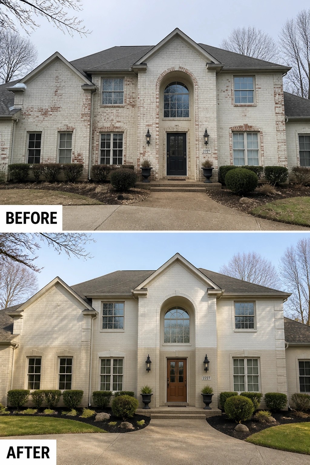 Before-and-after image of a two-story brick house with the exterior bricks painted a lighter neutral and the front door replaced with a warm wood-tone door plus matching planters and lanterns.