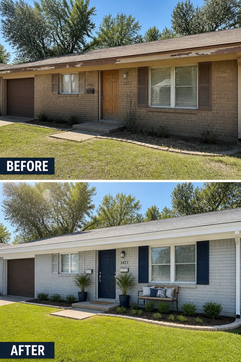 Before-and-after image of a dated brown brick house updated by painting the brick light gray, adding a dark blue front door and shutters, and placing planters and a bench at the entry.