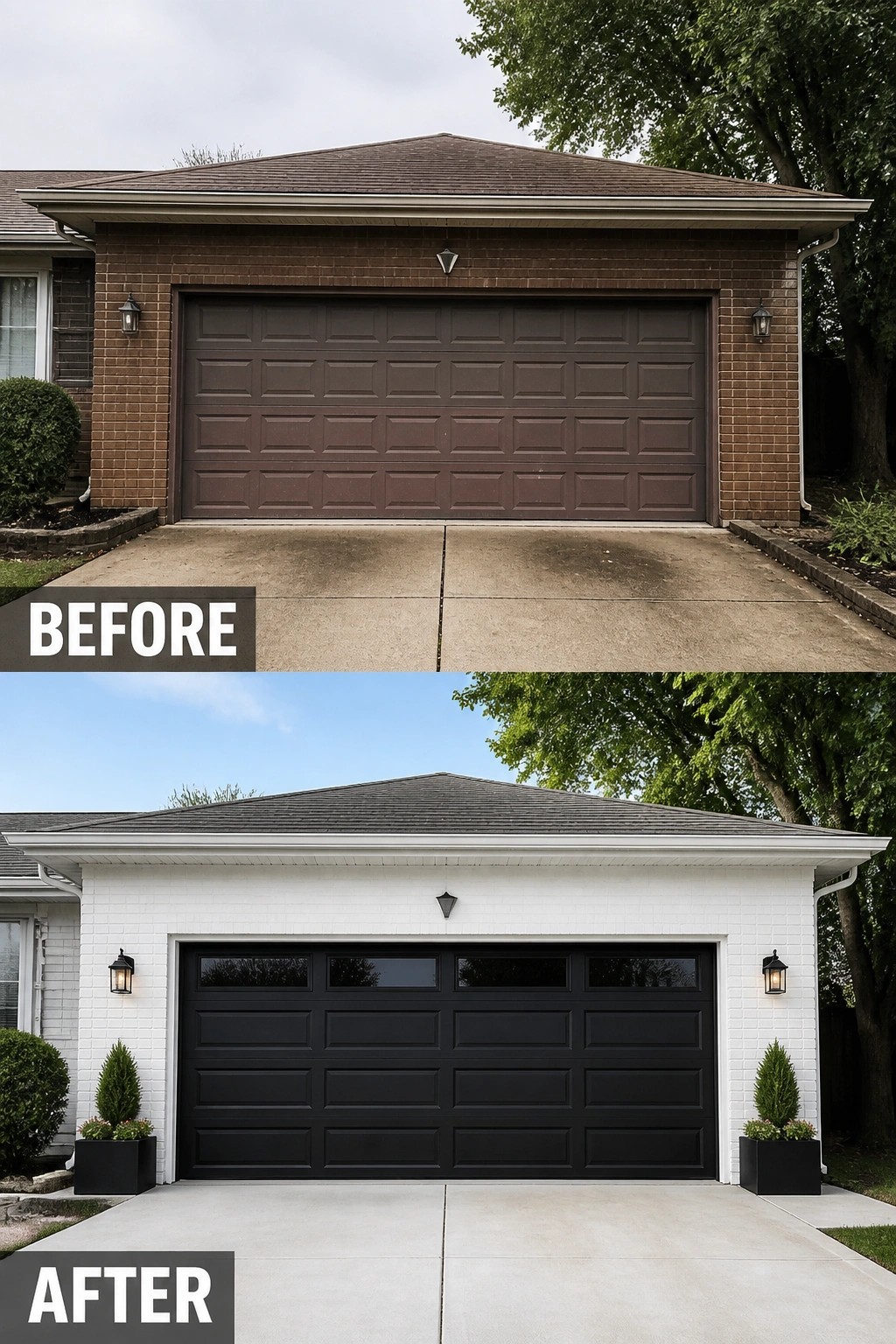 Before-and-after image of a garage facade where brown brick and a brown garage door are updated to painted white brick and a black garage door with new lighting and planters.