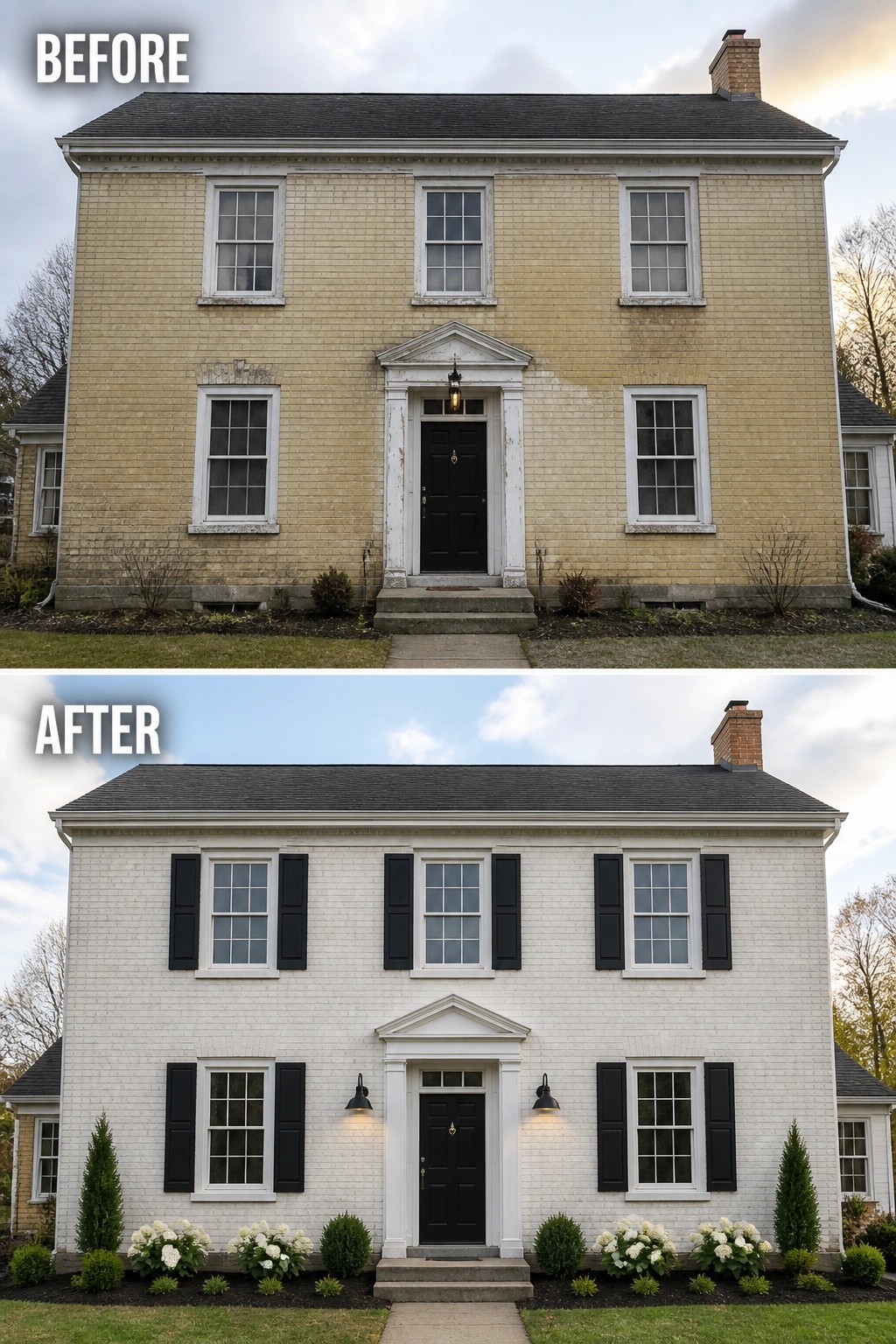 Two-panel before-and-after: yellow, weathered colonial house transformed into crisp white brick, black shutters